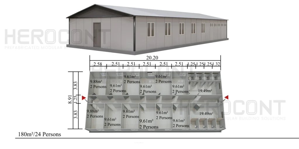 180 m² Prefabrik İnşaat Kamp Binası