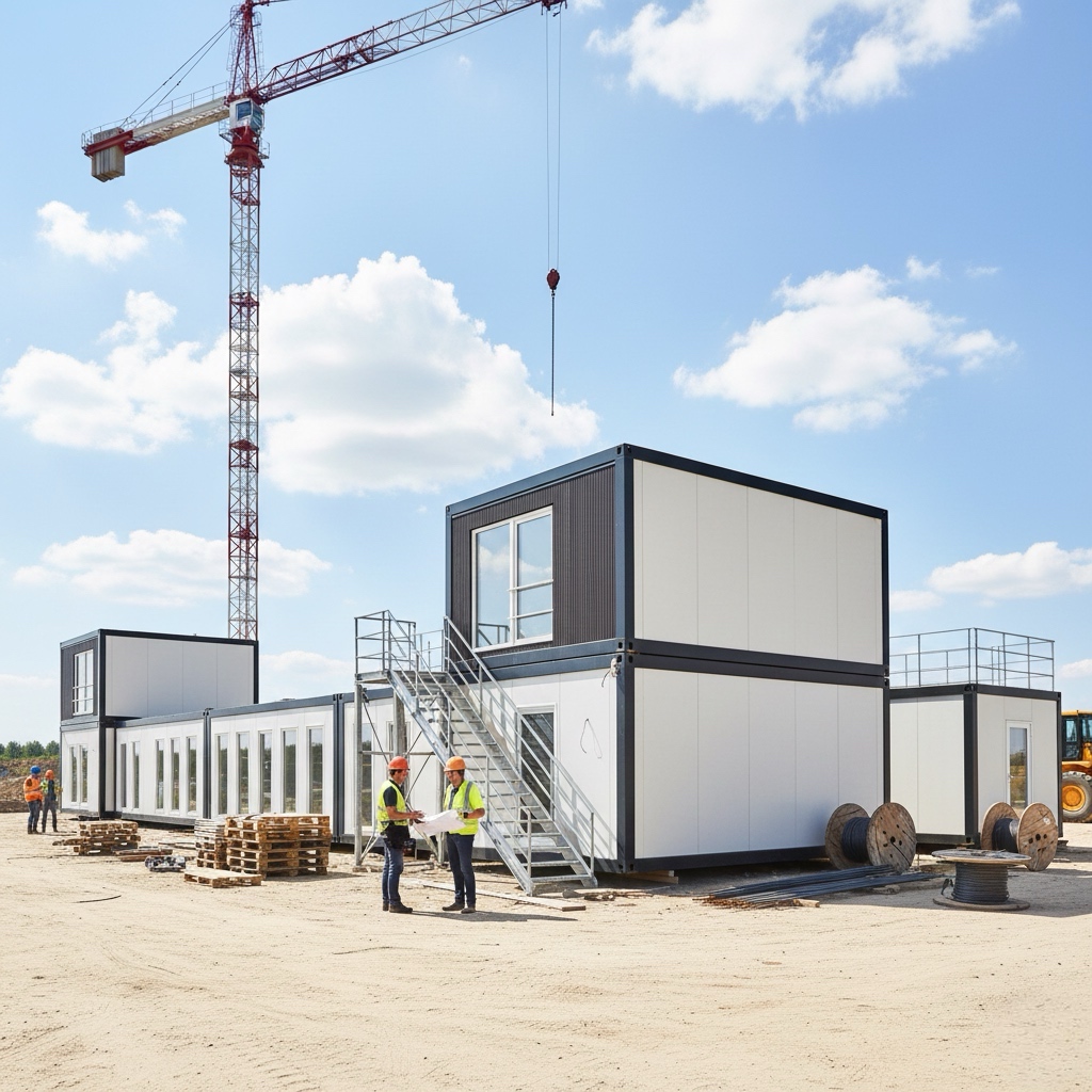 Modulare Büroeinheiten auf Baustelle in zweistöckiger Modulbauweise mit Außentreppe