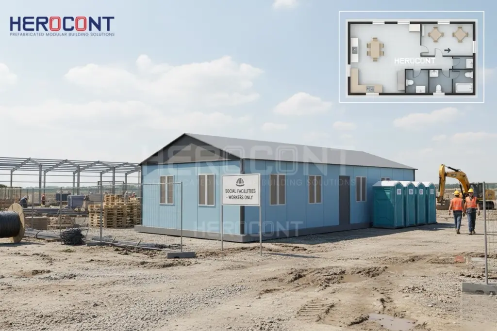 Interior layout of prefabricated social facilities designed for construction site use.