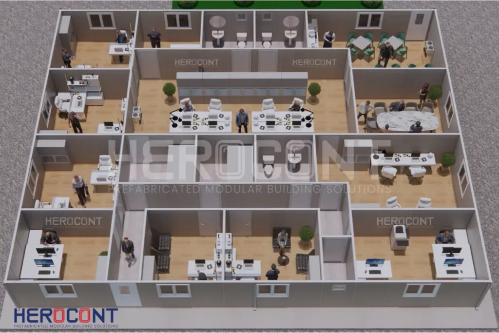 Prefabricated office interior layout plan with meeting and working areas