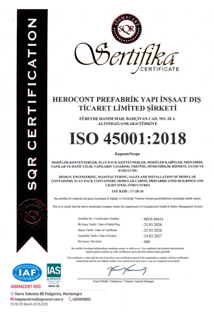 Herocont ISO 45001 Occupational Health and Safety Management Certificate