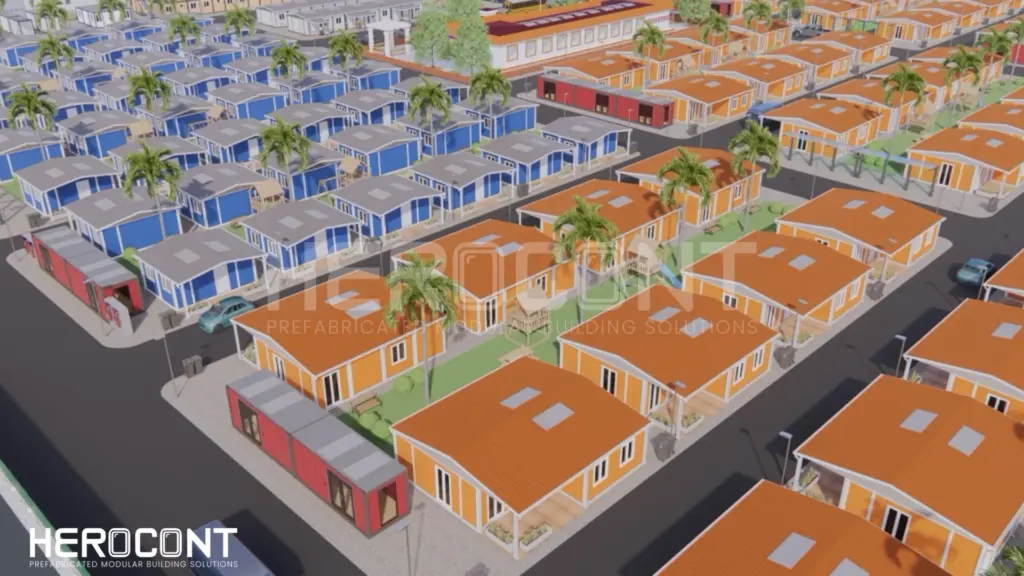 Modular housing development with prefabricated units arranged in a planned residential layout