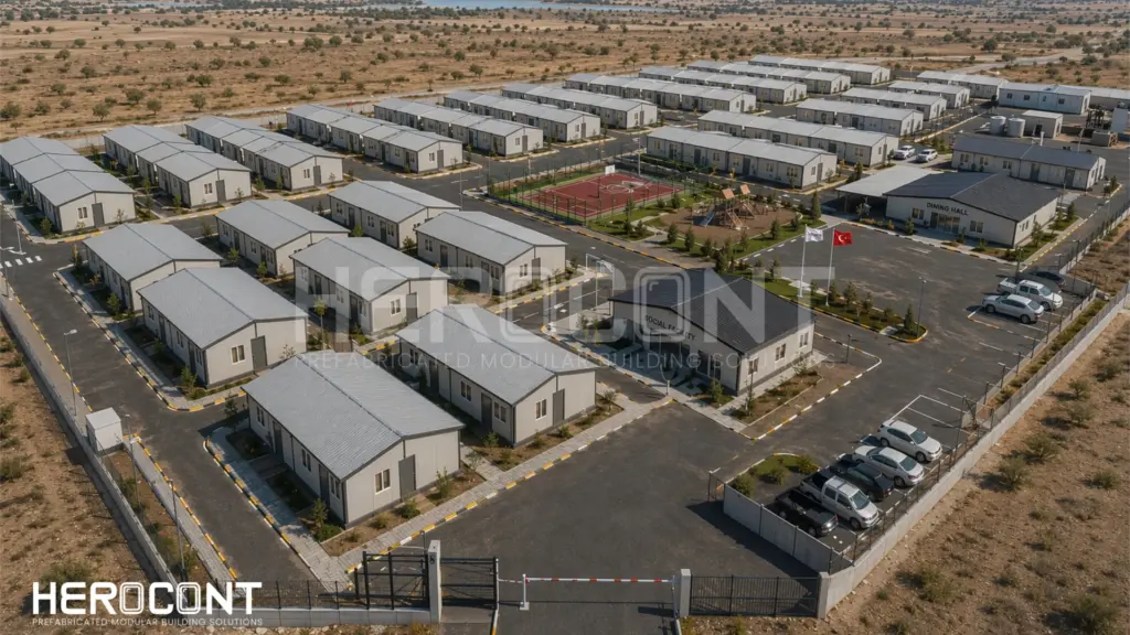 Workforce accommodation camp with modular housing units and prefabricated buildings in a remote project site